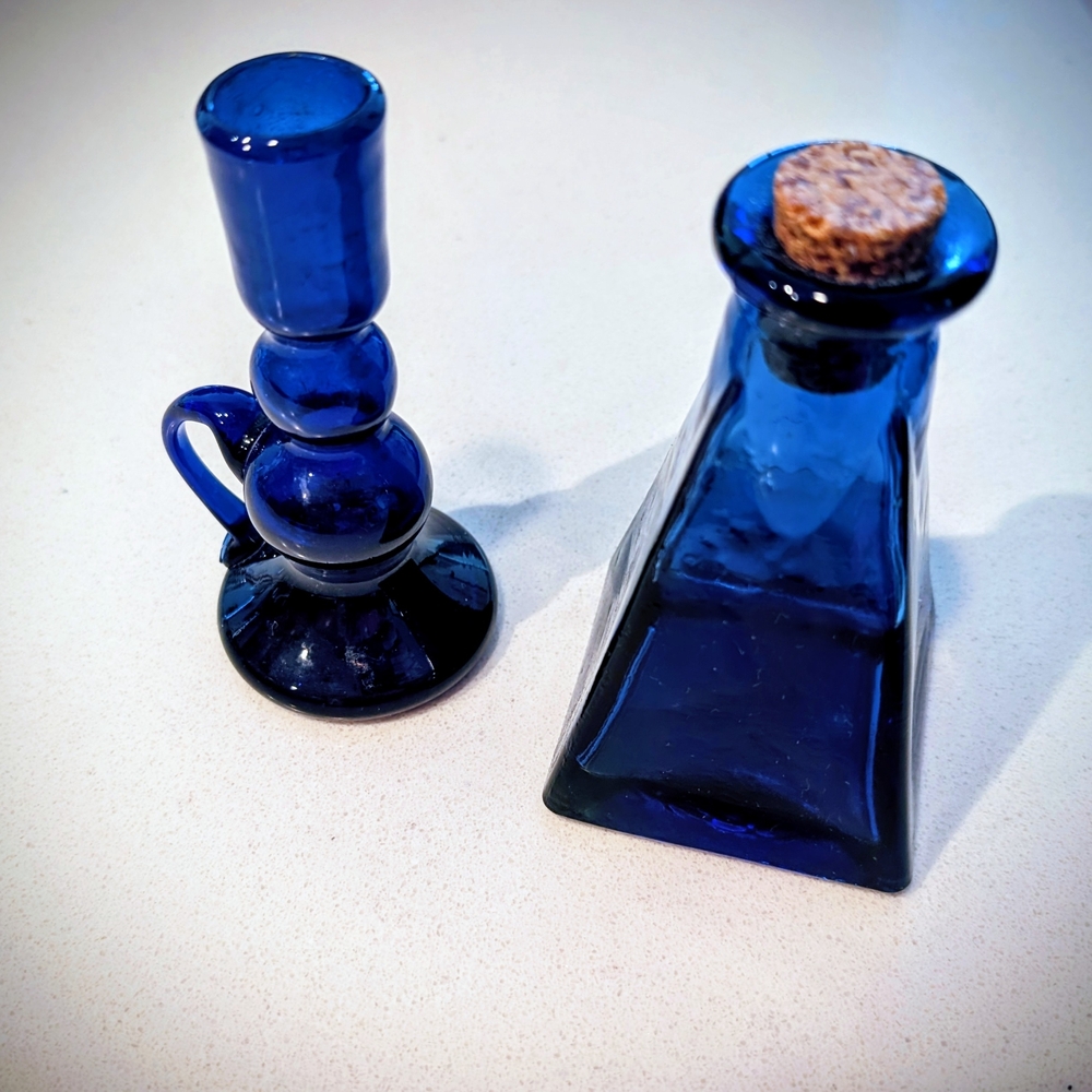Cobalt Blue Glass Candle Holder and Bottle Set